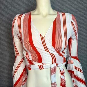 Audrey 3+1 Striped Wrap Top Bell Sleeves Tie Waist Cropped Red White Lightweight